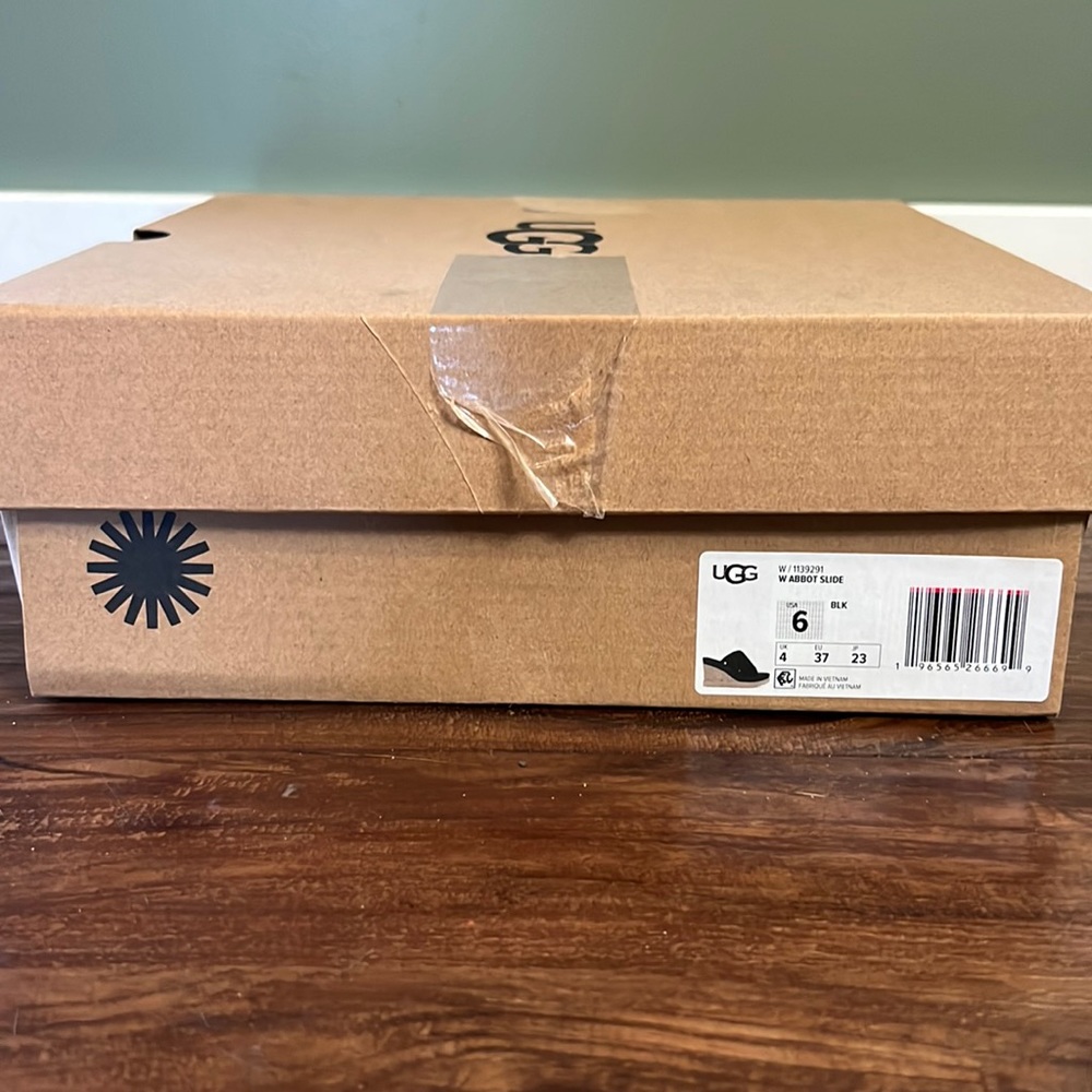 New in box, women’s Ugg wedges, black color, size 6
